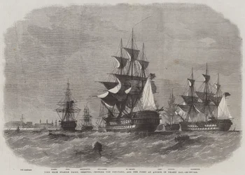 Vista, de, espanhol, ponto, bermudas, mostrando, a, Dockyard, e, a, frota, âncora, em, gramíneo, baía